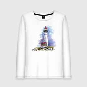 Женский лонгслив хлопок с принтом Crisp Point Lighthouse в Петрозаводске, 100% хлопок |  | art | katie batz | lighthouse | достопримечательности | маяк | море | отдых | пляж | туристы