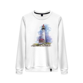 Женский свитшот хлопок с принтом Crisp Point Lighthouse в Петрозаводске, 100% хлопок | прямой крой, круглый вырез, на манжетах и по низу широкая трикотажная резинка  | art | katie batz | lighthouse | достопримечательности | маяк | море | отдых | пляж | туристы