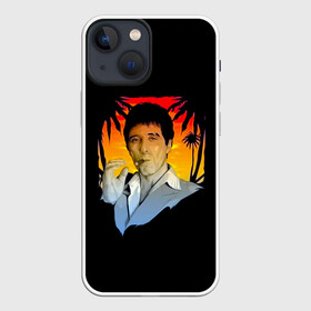 Чехол для iPhone 13 mini с принтом Тони Монтана в Петрозаводске,  |  | criminal | gangster | mafia | tony montana | актер | аль пачино | банда | бандит | гангстер | кино | костюм | крестный отец | криминал | лицо со шрамом | мафия | пальмы | парню | прикольная | природа | тони монтана