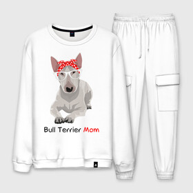 Мужской костюм хлопок с принтом Bull terrier Mom в Петрозаводске, 100% хлопок | на свитшоте круглая горловина, мягкая резинка по низу. Брюки заужены к низу, на них два вида карманов: два “обычных” по бокам и два объемных, с клапанами, расположенные ниже линии бедра. Брюки с мягкой трикотажной резинкой на поясе и по низу штанин. В поясе для дополнительного комфорта — широкие завязки | бультерьер | собака | собачник