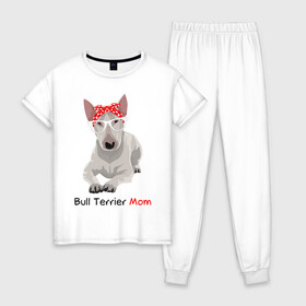 Женская пижама хлопок с принтом Bull terrier Mom в Петрозаводске, 100% хлопок | брюки и футболка прямого кроя, без карманов, на брюках мягкая резинка на поясе и по низу штанин | бультерьер | собака | собачник