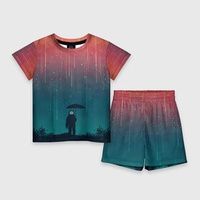 Детский костюм с шортами 3D с принтом Космический Дождь в Петрозаводске,  |  | night | rain | space | star | stars | астронавт | дождь | звезды | картинки | космический | космонавт | космос | ночь | прикольная | прикольные | темнота