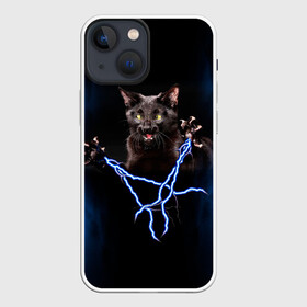 Чехол для iPhone 13 mini с принтом Грозовой кошак(громовержец) в Петрозаводске,  |  | Тематика изображения на принте: грозовой | громовержец | кот | кошак | молнии | разряды | черный