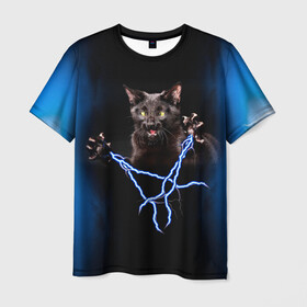 Мужская футболка 3D с принтом Грозовой кошак(громовержец) в Петрозаводске, 100% полиэфир | прямой крой, круглый вырез горловины, длина до линии бедер | грозовой | громовержец | кот | кошак | молнии | разряды | черный
