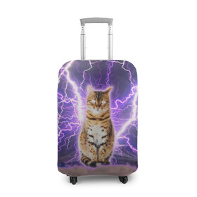 Чехол для чемодана 3D с принтом Котушка Теслы в Петрозаводске, 86% полиэфир, 14% спандекс | двустороннее нанесение принта, прорези для ручек и колес | cat | lightning | lightning cat | tesla | арт с котом | грозовой кошак | катушка теслы | кот | кот мем | котейка | котушка теслы | котяра | кошак | кошка | мем с котом | молнии | тесла