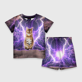 Детский костюм с шортами 3D с принтом Котушка Теслы в Петрозаводске,  |  | cat | lightning | lightning cat | tesla | арт с котом | грозовой кошак | катушка теслы | кот | кот мем | котейка | котушка теслы | котяра | кошак | кошка | мем с котом | молнии | тесла