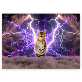Поздравительная открытка с принтом Котушка Теслы в Петрозаводске, 100% бумага | плотность бумаги 280 г/м2, матовая, на обратной стороне линовка и место для марки
 | Тематика изображения на принте: cat | lightning | lightning cat | tesla | арт с котом | грозовой кошак | катушка теслы | кот | кот мем | котейка | котушка теслы | котяра | кошак | кошка | мем с котом | молнии | тесла