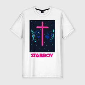 Мужская футболка хлопок Slim с принтом STARBOY в Петрозаводске, 92% хлопок, 8% лайкра | приталенный силуэт, круглый вырез ворота, длина до линии бедра, короткий рукав | blinding lights | heartless | starboy | the weekend | уикенд