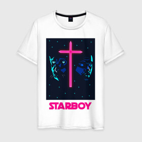 Мужская футболка хлопок с принтом STARBOY в Петрозаводске, 100% хлопок | прямой крой, круглый вырез горловины, длина до линии бедер, слегка спущенное плечо. | blinding lights | heartless | starboy | the weekend | уикенд