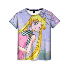 Женская футболка 3D с принтом Sailor Moon в Петрозаводске, 100% полиэфир ( синтетическое хлопкоподобное полотно) | прямой крой, круглый вырез горловины, длина до линии бедер | baby | bunny | girl | like | pink | sailormoon | usagi | вода капли | воин | волосы | глаза | девушка | дождь | зайчик | зонтик | котик | кролик | лето | луна | малышка | матроска | небо | облака | природа | радуга | розовый