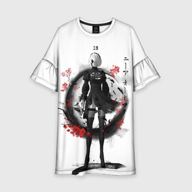 Детское платье 3D с принтом 2B Ink Sakura dawn в Петрозаводске, 100% полиэстер | прямой силуэт, чуть расширенный к низу. Круглая горловина, на рукавах — воланы | 2a | 2b | 9s | andoird | ink | japanese | kanji | nier automata | nuar | sakura | yohra | андроид | кандзи | нуар | сакура | чернила | япония