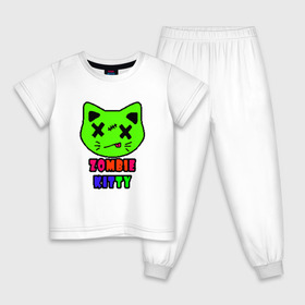 Детская пижама хлопок с принтом Zombie Kitty в Петрозаводске, 100% хлопок |  брюки и футболка прямого кроя, без карманов, на брюках мягкая резинка на поясе и по низу штанин
 | Тематика изображения на принте: зомби | каваи | кислота | кот | котик | кошка | милый | монстр | пиксельный арт | радуга | яркий
