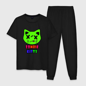 Мужская пижама хлопок с принтом Zombie Kitty в Петрозаводске, 100% хлопок | брюки и футболка прямого кроя, без карманов, на брюках мягкая резинка на поясе и по низу штанин
 | Тематика изображения на принте: зомби | каваи | кислота | кот | котик | кошка | милый | монстр | пиксельный арт | радуга | яркий