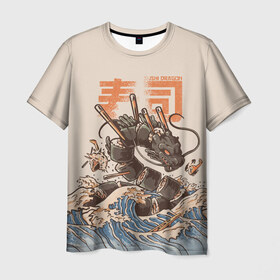 Мужская футболка 3D с принтом Sushi dragon в Петрозаводске, 100% полиэфир | прямой крой, круглый вырез горловины, длина до линии бедер | волны | дракон | суши | суши дракон | японские волны | японский дракон