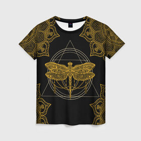 Женская футболка 3D с принтом Golden dragonfly в Петрозаводске, 100% полиэфир ( синтетическое хлопкоподобное полотно) | прямой крой, круглый вырез горловины, длина до линии бедер | dragonfly | golden dragonfly | стрекоза