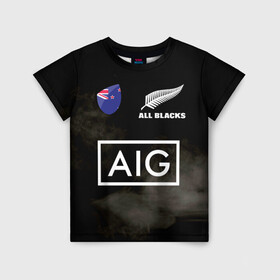 Детская футболка 3D с принтом ALL BLACKS в Петрозаводске, 100% гипоаллергенный полиэфир | прямой крой, круглый вырез горловины, длина до линии бедер, чуть спущенное плечо, ткань немного тянется | all blacks | new zealandd | rugby | новая зеландия | олл блэкс | регби | хака