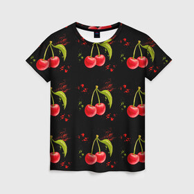 Женская футболка 3D с принтом Вишенки в Петрозаводске, 100% полиэфир ( синтетическое хлопкоподобное полотно) | прямой крой, круглый вырез горловины, длина до линии бедер | брызги | вишня | красный | сочно | ягода