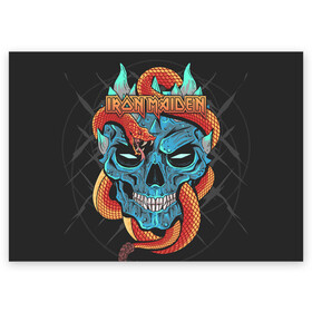 Поздравительная открытка с принтом Iron Maiden в Петрозаводске, 100% бумага | плотность бумаги 280 г/м2, матовая, на обратной стороне линовка и место для марки
 | 80s | hardrock | heavy | iron | maiden | metal | pop | steve harris | the final frontier | uk | айрон | группа | железная дева | метал | мэйден | хеви