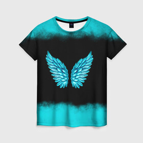 Женская футболка 3D с принтом Крылья Ангела в Петрозаводске, 100% полиэфир ( синтетическое хлопкоподобное полотно) | прямой крой, круглый вырез горловины, длина до линии бедер | angel | neon | ангел | дым | космос | крылья | небо | неон | неоновый | облака | перья | птица | свет | текстура | туман | яркий