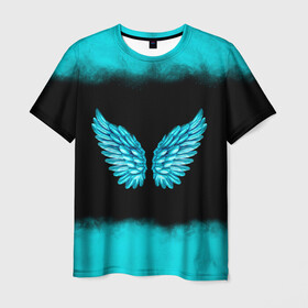 Мужская футболка 3D с принтом Крылья Ангела в Петрозаводске, 100% полиэфир | прямой крой, круглый вырез горловины, длина до линии бедер | angel | neon | ангел | дым | космос | крылья | небо | неон | неоновый | облака | перья | птица | свет | текстура | туман | яркий