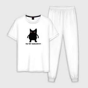 Мужская пижама хлопок с принтом Кот быканул мем в Петрозаводске, 100% хлопок | брюки и футболка прямого кроя, без карманов, на брюках мягкая резинка на поясе и по низу штанин
 | Тематика изображения на принте: angry | bad | cat | kitty | meme | memes | pussycat | быканул | злобный | злодей | злой кот | киса | кот | котенок | котик | мем | мемас | мемасик | мемы | опасный | страшный | угрожает | угроза