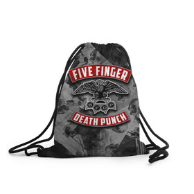 Рюкзак-мешок 3D с принтом Five Finger Death Punch в Петрозаводске, 100% полиэстер | плотность ткани — 200 г/м2, размер — 35 х 45 см; лямки — толстые шнурки, застежка на шнуровке, без карманов и подкладки | 5fdp | death | ffdp | finger | five | five finger death punch | punch | грув метал