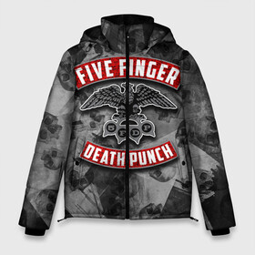 Мужская зимняя куртка 3D с принтом Five Finger Death Punch в Петрозаводске, верх — 100% полиэстер; подкладка — 100% полиэстер; утеплитель — 100% полиэстер | длина ниже бедра, свободный силуэт Оверсайз. Есть воротник-стойка, отстегивающийся капюшон и ветрозащитная планка. 

Боковые карманы с листочкой на кнопках и внутренний карман на молнии. | Тематика изображения на принте: 5fdp | death | ffdp | finger | five | five finger death punch | punch | грув метал