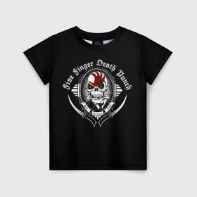 Детская футболка 3D с принтом Five Finger Death Punch в Петрозаводске, 100% гипоаллергенный полиэфир | прямой крой, круглый вырез горловины, длина до линии бедер, чуть спущенное плечо, ткань немного тянется | Тематика изображения на принте: 5fdp | death | ffdp | finger | five | five finger death punch | punch | грув метал