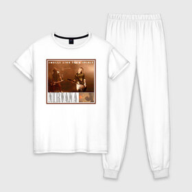Женская пижама хлопок с принтом NIRVANA в Петрозаводске, 100% хлопок | брюки и футболка прямого кроя, без карманов, на брюках мягкая резинка на поясе и по низу штанин | мерч nirvana (smells like teen spirit)
