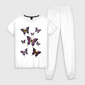 Женская пижама хлопок с принтом Бабочки в Петрозаводске, 100% хлопок | брюки и футболка прямого кроя, без карманов, на брюках мягкая резинка на поясе и по низу штанин | бабочка | весна | девушкам | красота | лето | мотылек | разноцветная бабочка | цветная