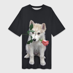 Платье-футболка 3D с принтом Щенок в подарок в Петрозаводске,  |  | 8 марта щенок | husky | siberian husky | белый щенок | лайка | собака на день рождения | собака с розой | собака с цветком | хаски | щенок | щенок 8 марта | щенок лайки | щенок на 8 марта | щенок на день рождения