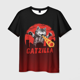 Мужская футболка 3D с принтом CATZILLA в Петрозаводске, 100% полиэфир | прямой крой, круглый вырез горловины, длина до линии бедер | Тематика изображения на принте: catzilla | годзилла | кот | котик | кошка | кэтзилла | мимими | прикол | прикольная