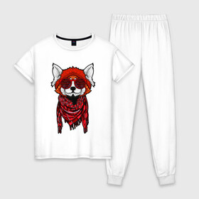 Женская пижама хлопок с принтом Красная панда в Петрозаводске, 100% хлопок | брюки и футболка прямого кроя, без карманов, на брюках мягкая резинка на поясе и по низу штанин | cool | cute | fashion | panda | red | в очках | забавная | красная | крутая | милая | модная | очки | панда | пандарен | пандочка | пандочки | панды | смешная | солнечные очки | улыбается