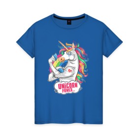 Женская футболка хлопок с принтом Unicorn Power Единорог в Петрозаводске, 100% хлопок | прямой крой, круглый вырез горловины, длина до линии бедер, слегка спущенное плечо | 