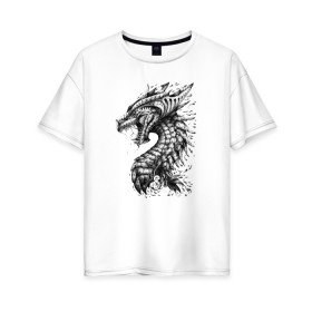 Женская футболка хлопок Oversize с принтом Китайский дракон арт в Петрозаводске, 100% хлопок | свободный крой, круглый ворот, спущенный рукав, длина до линии бедер
 | арт | динозавр | дракон | дракон арт | драконий рев | зубы | китайский дракон | китайский дракон арт | клыки | крутой дракон | оскал | рев | серый | черно белый | чешуя | ящерица