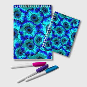 Блокнот с принтом Голубые хризантемы в Петрозаводске, 100% бумага | 48 листов, плотность листов — 60 г/м2, плотность картонной обложки — 250 г/м2. Листы скреплены удобной пружинной спиралью. Цвет линий — светло-серый
 | Тематика изображения на принте: 8 марта | голубые хризантемы | голубые цветы | хризантемы | цветы