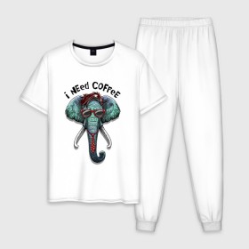 Мужская пижама хлопок с принтом I need coffee в Петрозаводске, 100% хлопок | брюки и футболка прямого кроя, без карманов, на брюках мягкая резинка на поясе и по низу штанин
 | 