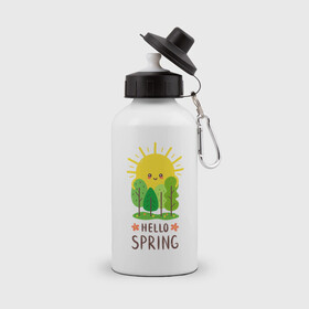 Бутылка спортивная с принтом Hello Spring в Петрозаводске, металл | емкость — 500 мл, в комплекте две пластиковые крышки и карабин для крепления | 2020 | арт | весна | деревья | лес | солнце | солнышко | цветы
