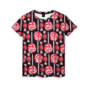 Женская футболка 3D с принтом Леденцы в Петрозаводске, 100% полиэфир ( синтетическое хлопкоподобное полотно) | прямой крой, круглый вырез горловины, длина до линии бедер | конфеты | красный | леденцы | сладость | черный