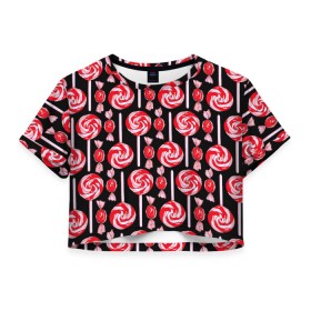 Женская футболка Crop-top 3D с принтом Леденцы в Петрозаводске, 100% полиэстер | круглая горловина, длина футболки до линии талии, рукава с отворотами | конфеты | красный | леденцы | сладость | черный
