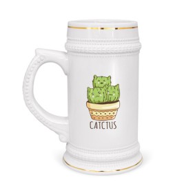 Кружка пивная с принтом Catctus в Петрозаводске,  керамика (Материал выдерживает высокую температуру, стоит избегать резкого перепада температур) |  объем 630 мл | Тематика изображения на принте: art | cactus | cats | kittens | pot | арт | горшок | кактус | коты | котята | кошки
