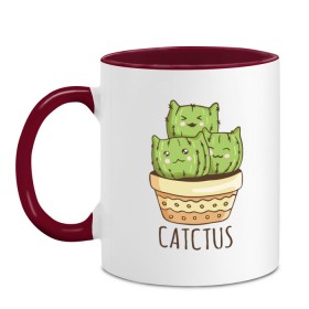 Кружка двухцветная с принтом Catctus в Петрозаводске, керамика | объем — 330 мл, диаметр — 80 мм. Цветная ручка и кайма сверху, в некоторых цветах — вся внутренняя часть | art | cactus | cats | kittens | pot | арт | горшок | кактус | коты | котята | кошки