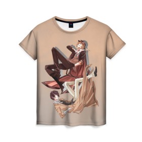 Женская футболка 3D с принтом Дазай и Чуя в Петрозаводске, 100% полиэфир ( синтетическое хлопкоподобное полотно) | прямой крой, круглый вырез горловины, длина до линии бедер | bungou stray dogs | аниме | великие из бродячих псов | дазай | чуя