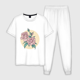 Мужская пижама хлопок с принтом Цветы в Петрозаводске, 100% хлопок | брюки и футболка прямого кроя, без карманов, на брюках мягкая резинка на поясе и по низу штанин
 | 8 марта | девушкам | иллюстрация | пионы | подарок | розы | цветы