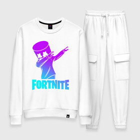 Женский костюм хлопок с принтом FORTNITE X MARSHMELLO в Петрозаводске, 100% хлопок | на свитшоте круглая горловина, мягкая резинка по низу. Брюки заужены к низу, на них два вида карманов: два 