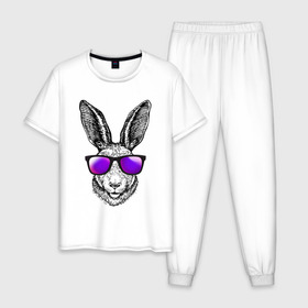 Мужская пижама хлопок с принтом Клевый заяц в Петрозаводске, 100% хлопок | брюки и футболка прямого кроя, без карманов, на брюках мягкая резинка на поясе и по низу штанин
 | Тематика изображения на принте: заяц | заяц в очках | крутой | кул | солнечные очки