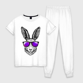 Женская пижама хлопок с принтом Клевый заяц в Петрозаводске, 100% хлопок | брюки и футболка прямого кроя, без карманов, на брюках мягкая резинка на поясе и по низу штанин | заяц | заяц в очках | крутой | кул | солнечные очки