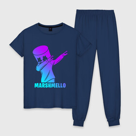 Женская пижама хлопок с принтом MARSHMELLO в Петрозаводске, 100% хлопок | брюки и футболка прямого кроя, без карманов, на брюках мягкая резинка на поясе и по низу штанин | america | dj | marshmello | smile | usa | америка | маршмелло | смайл | сша