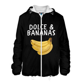 Мужская куртка 3D с принтом Dolce and Bananas в Петрозаводске, ткань верха — 100% полиэстер, подклад — флис | прямой крой, подол и капюшон оформлены резинкой с фиксаторами, два кармана без застежек по бокам, один большой потайной карман на груди. Карман на груди застегивается на липучку | banana | dolce and gabbana | банан | бананы | дольче и габбана | на английском | на иностранном | надписи на английском | надпись | прикольные надписи | слово | слоган | со словом | чёрно белая