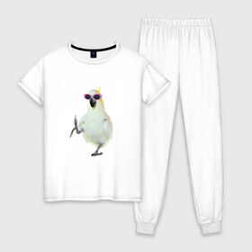 Женская пижама хлопок с принтом Попугай в очках в Петрозаводске, 100% хлопок | брюки и футболка прямого кроя, без карманов, на брюках мягкая резинка на поясе и по низу штанин | крутой попугай | мем | попугай в очках | прикол | птица | смешная картинка